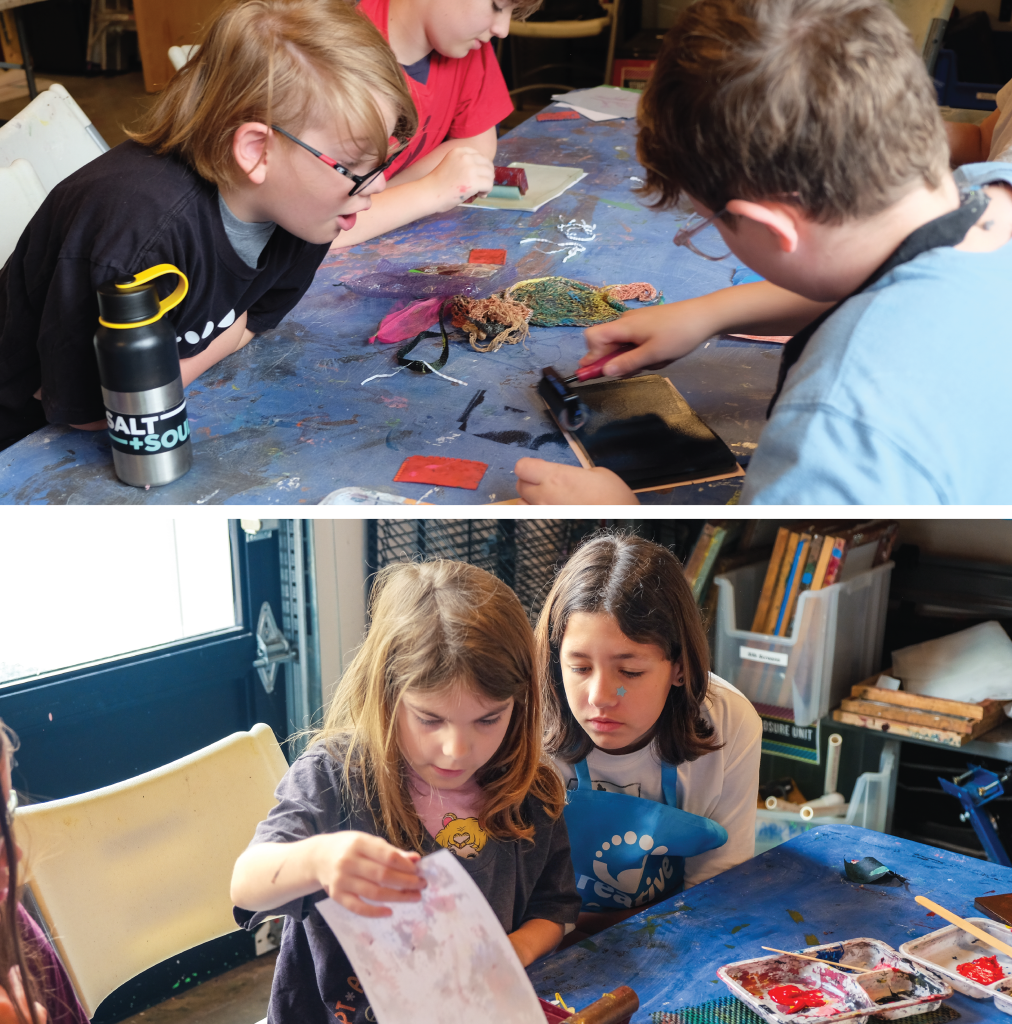 Top to bottom: Campers rolling paint on gelli print plates; Campers revealing patterns and prints they created on the paper