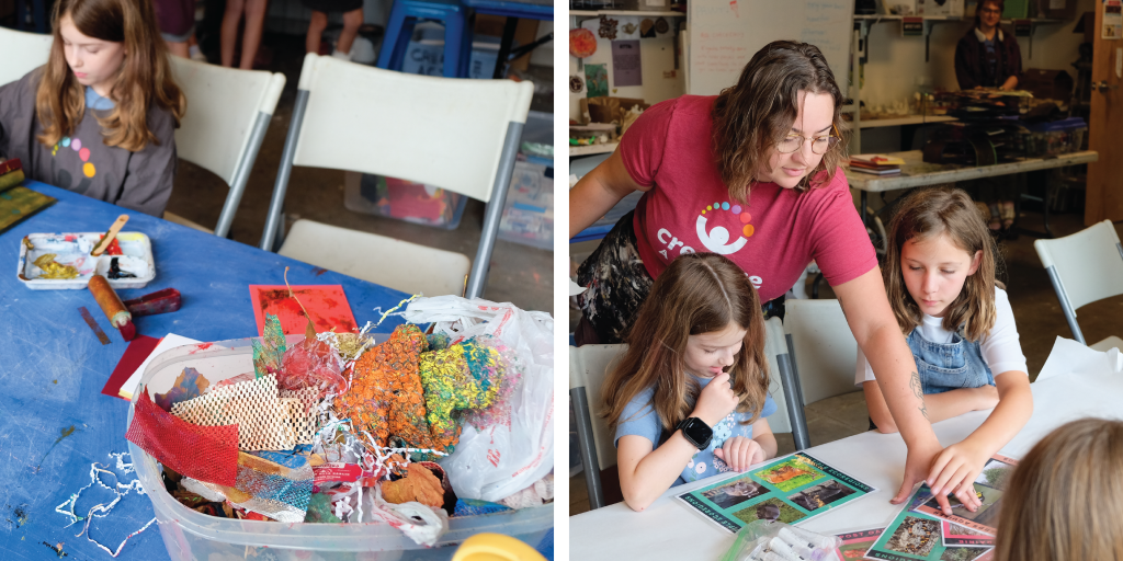 Left to right: Bucket of scrap materials used to press onto the paint plates to create patterns; art teacher setting out information cards on different Texas native species