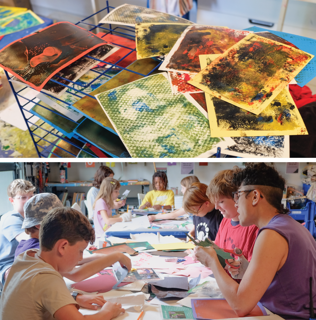 Top to bottom: Stack of prints that campers created; Creative action teacher sitting with campers while they craft