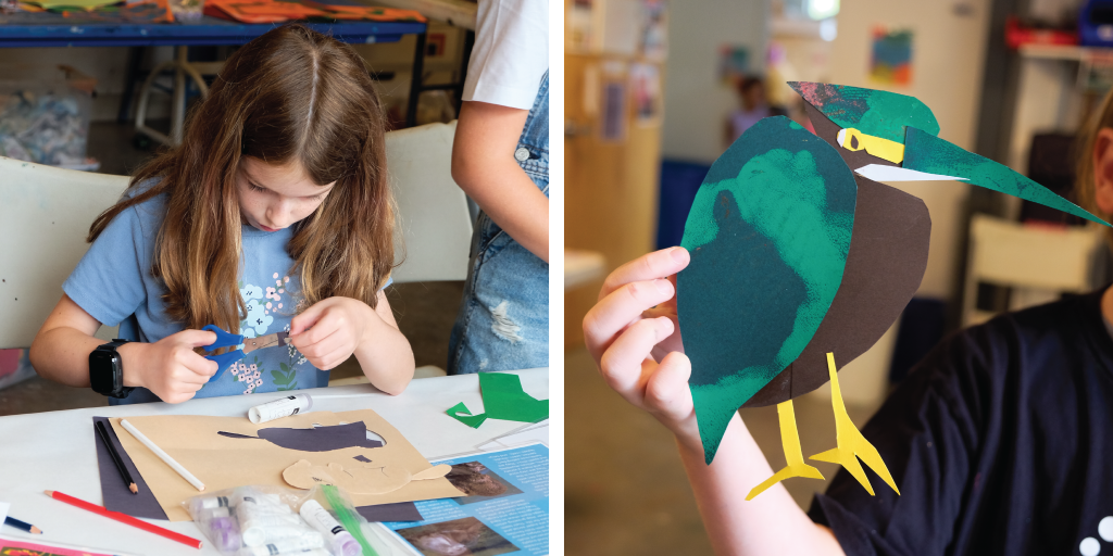 Left to right: Camper cutting pieces of paper for craft; camper holds up final art piece, a native Texas bird made of paper