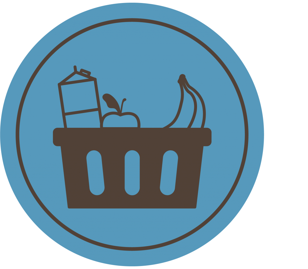 Blue circle with an illustration of a grocery basket.