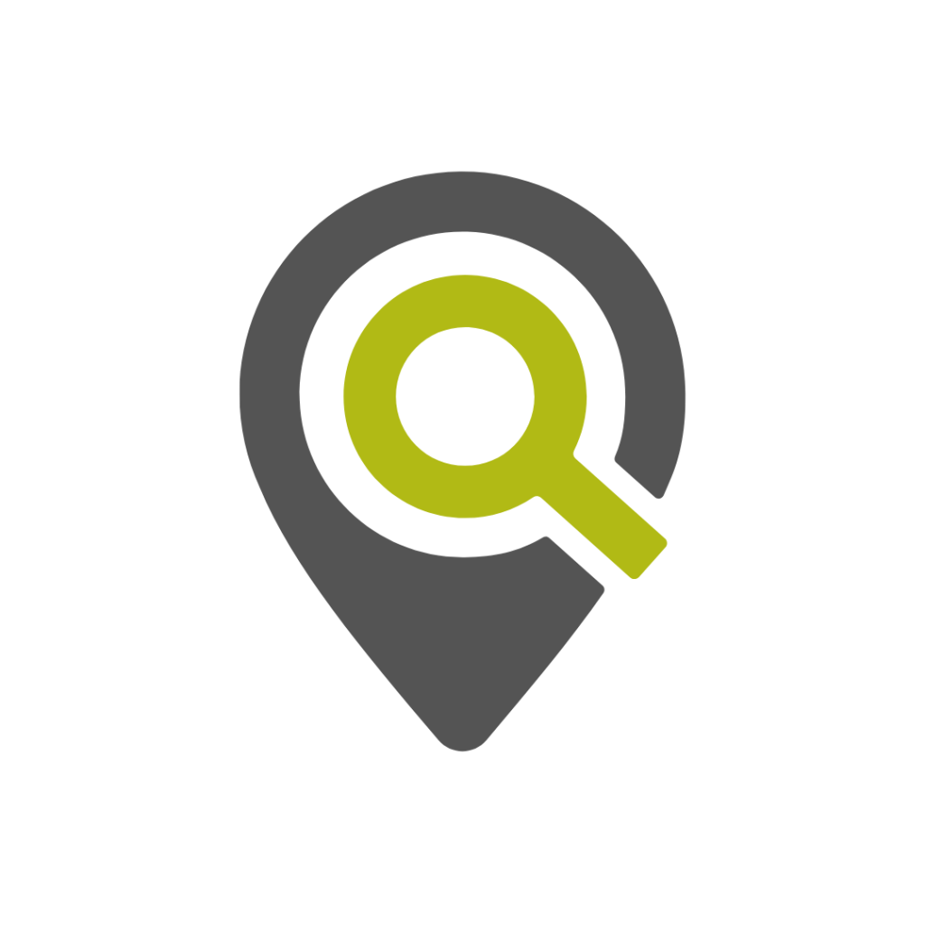 A location pin with a magnifying glass in the center.
