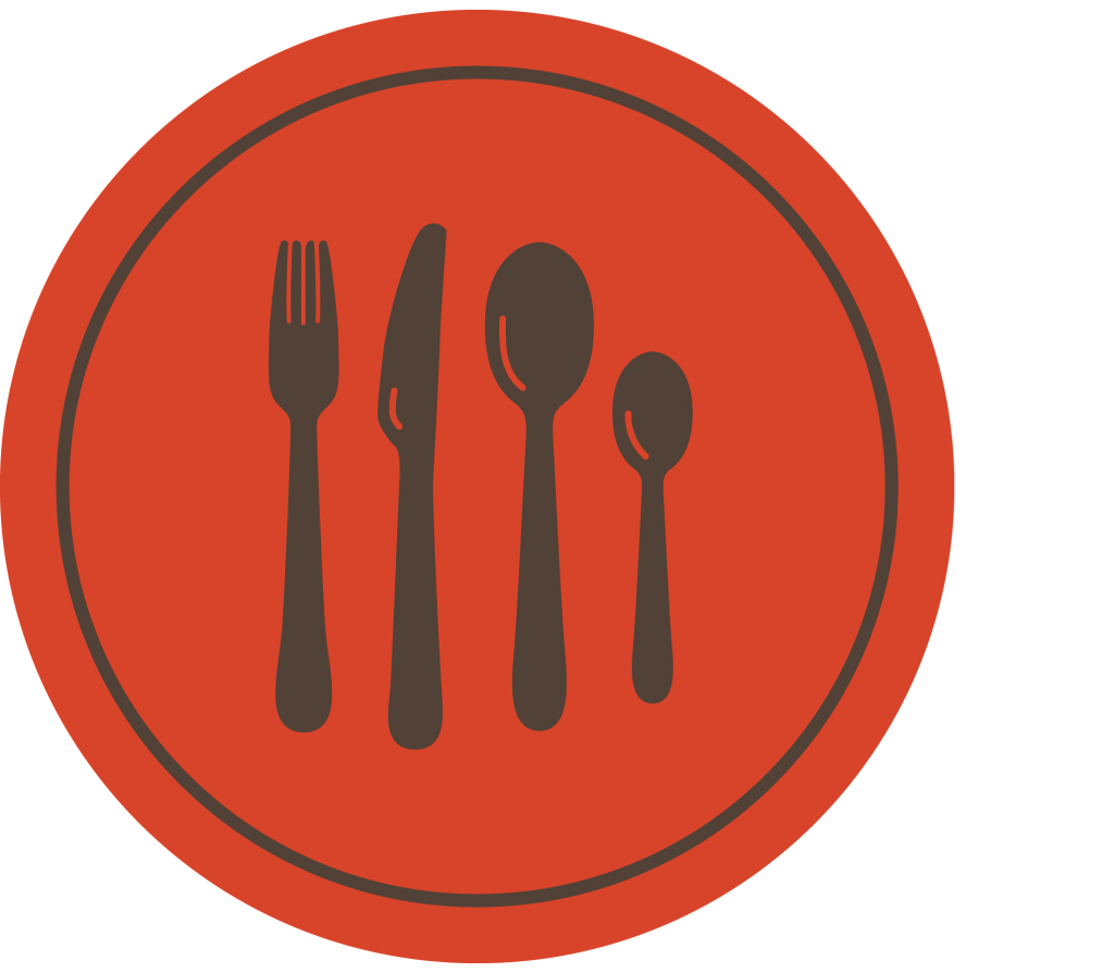 Red circle with an icon of utensils within.