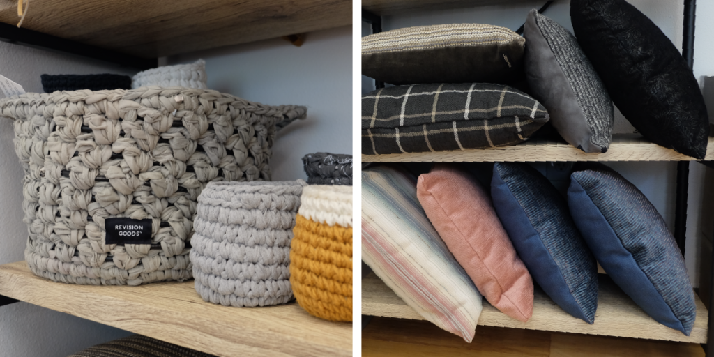 Two photos. On the left, woven baskets with REVISION GOODS labels. On the right, pillows are lined up on a shelf.