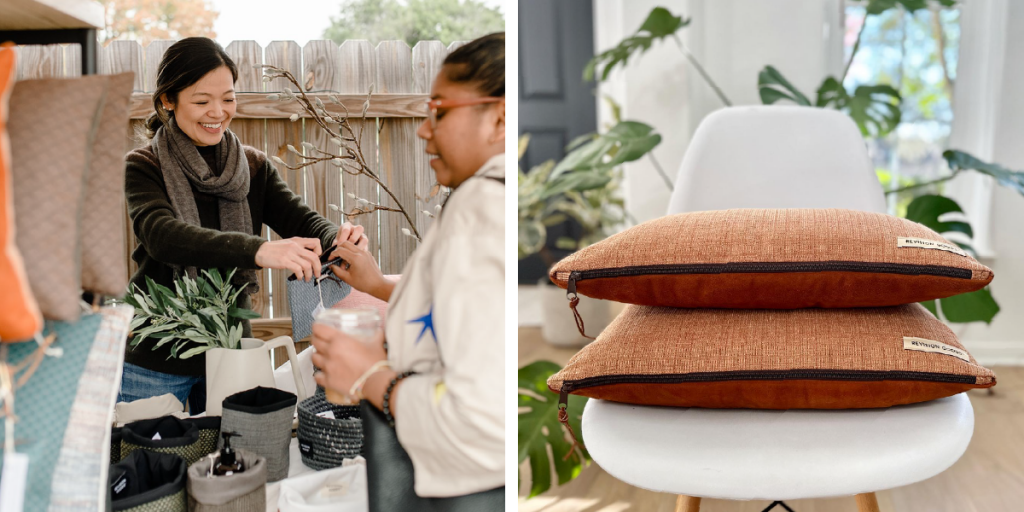 Two photos. On left, Aileen stands behind a table set up with REVISION GOODS products. On the right, two pillows sit a top a chair.