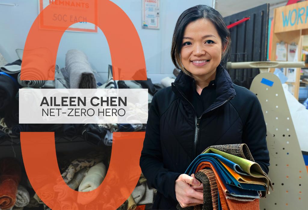 Aileen Chen smiles holding a pile of fabric swatches at Austin Creative Reuse.