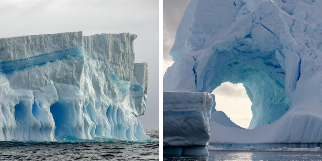 Left: An iceberg with bright blue stripes running through it. Left: An iceberg with a hole running through its center.
