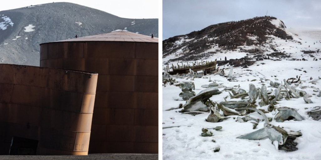 Left: Large metal buildings with snowy mountains behind them. Right: Bones are scattered through a snowy landscape.
