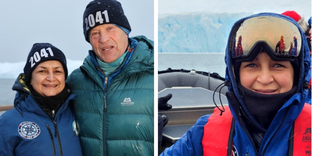 Left: Amal with Dr. Robert Swan in heavy winter outfits. Right: A selfie of Amal wearing full winter gear and ski goggles.