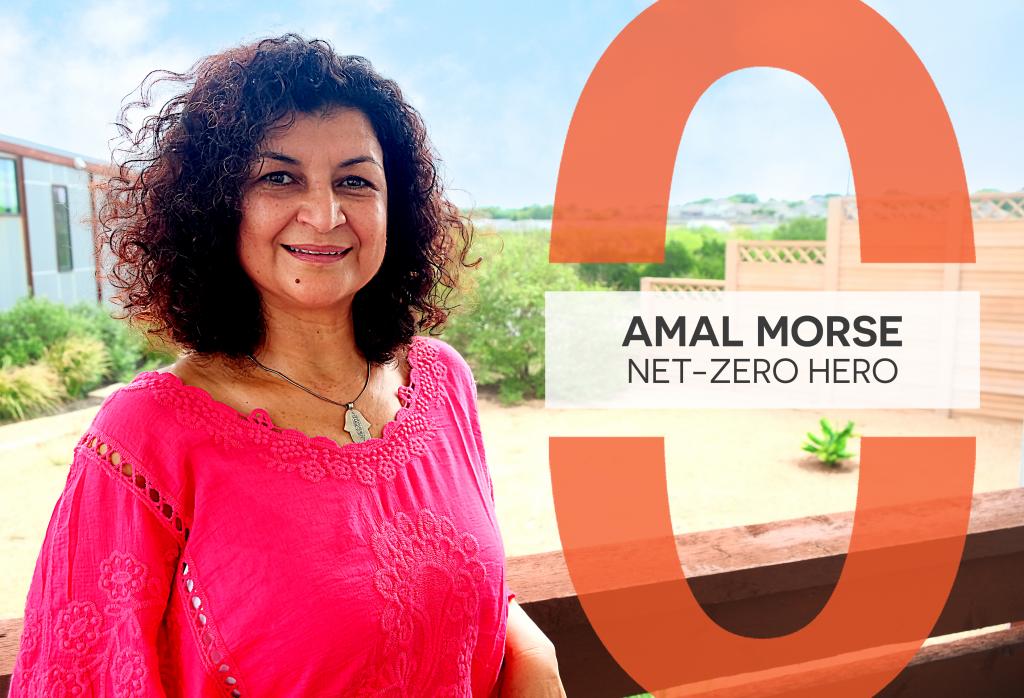 Amal Morse smiles on the deck of her tiny house.