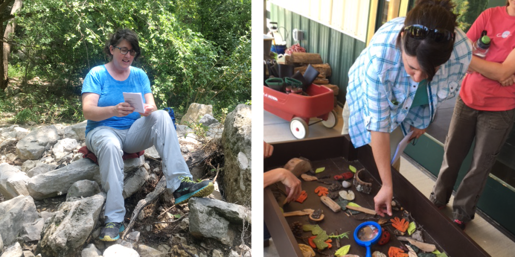 Left: Amy reads aloud from a piece of paper while sitting on a large rock. Right: Amy places items in a nature observation table.