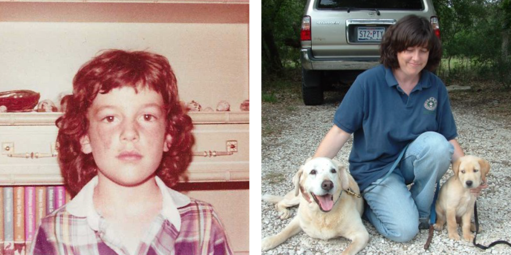 Left: A young Amy stares at the camera seriously. Right: Amy kneels in from of a truck with a dog at either side of her.