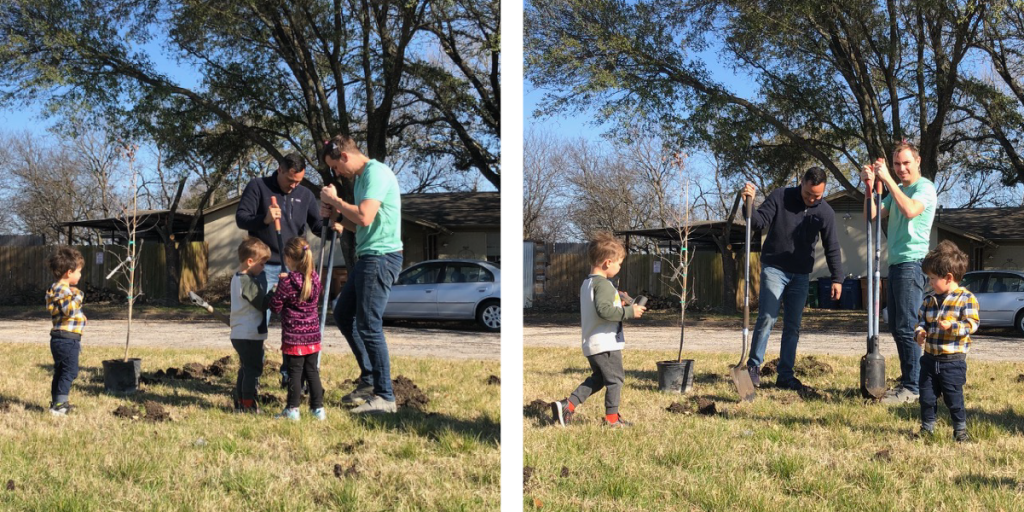 Andrew and his neighbor work on digging a hole for a tree as little kids watch around them.