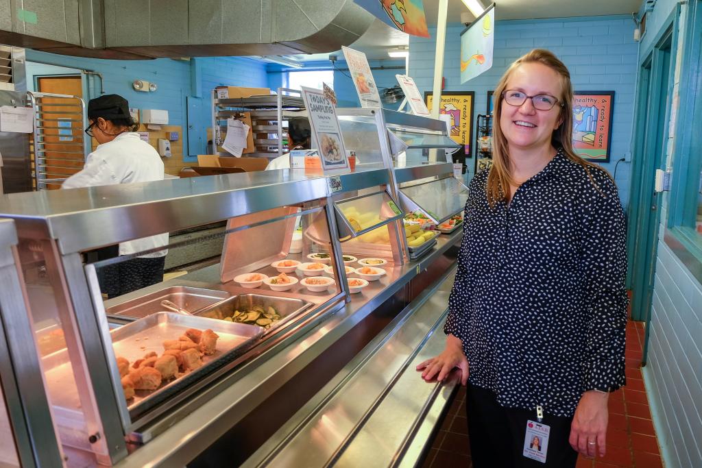 Anneliese in the school cafeteria.
