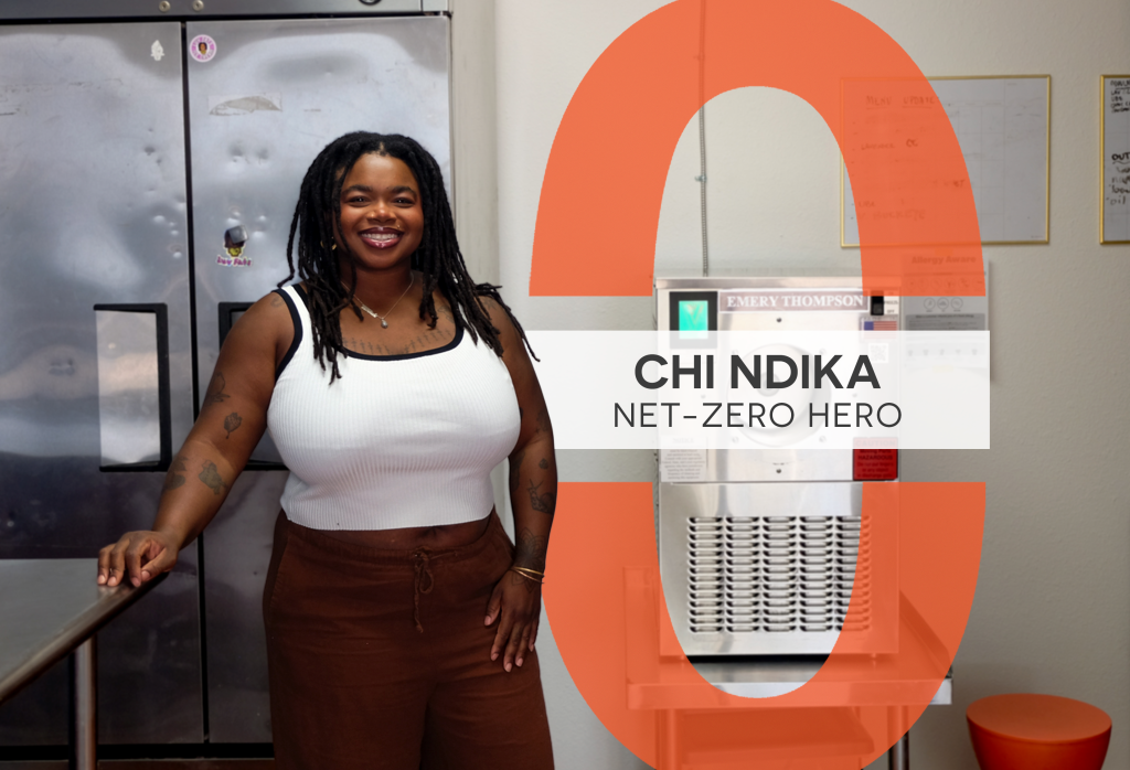 Chi stands in Luv Fats Ice Cream's kitchen, Text reads, "Chi Ndika Net-Zero Hero"