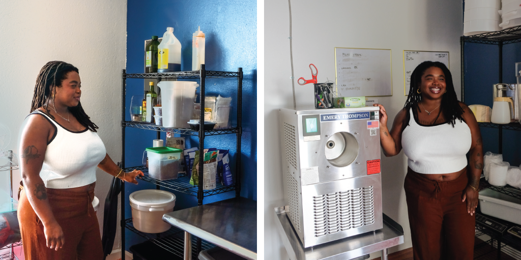 Left to right: Chi stands next to kitchen supplies in her new kitchen; Chi smiles next to her ice cream machine.
