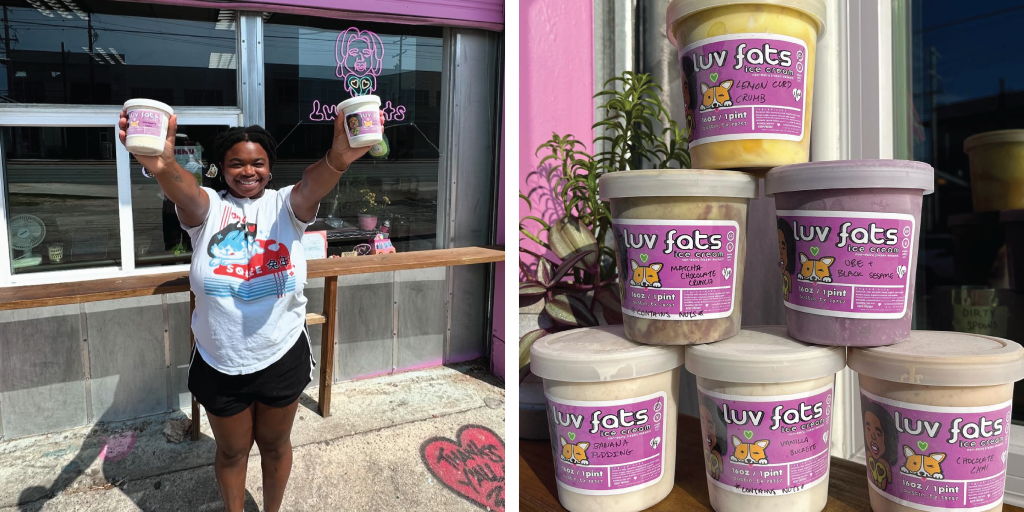 Left to right: Chi poses with ice cream outside of the old Luv Fats location; Pints of Luv Fats ice cream in various flavors.