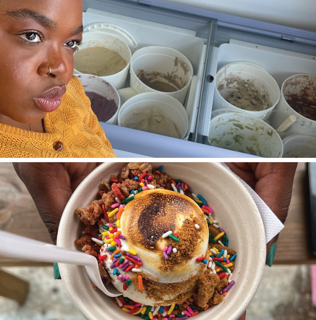 Top to bottom: Chi takes a selfie with ice cream tubs at the store; Scoop of ice cream with toppings.
