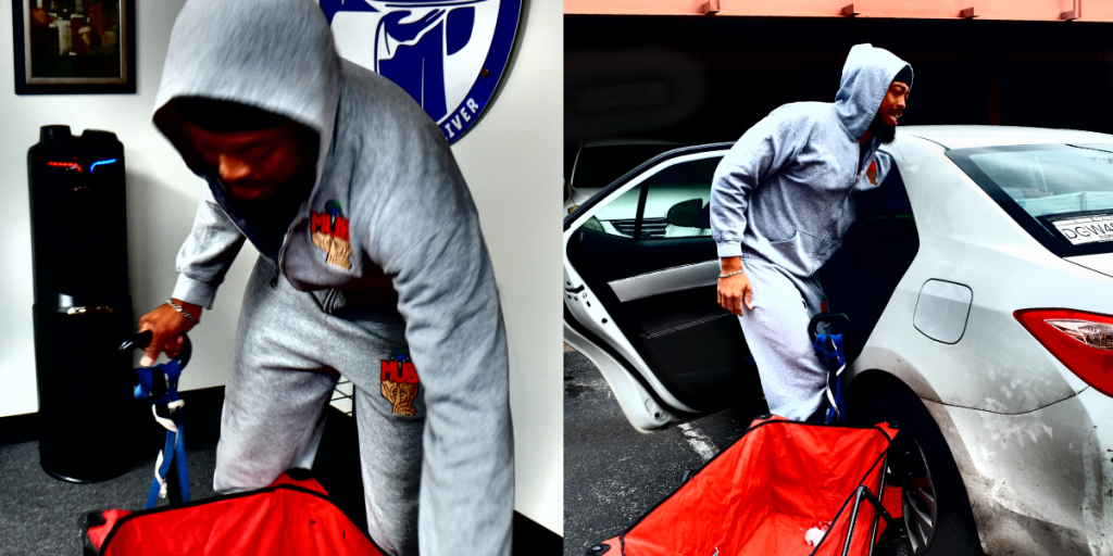 Two photos. On the left, Chivas loading a red wagon with supplies. On the right, moving supplies into his car.