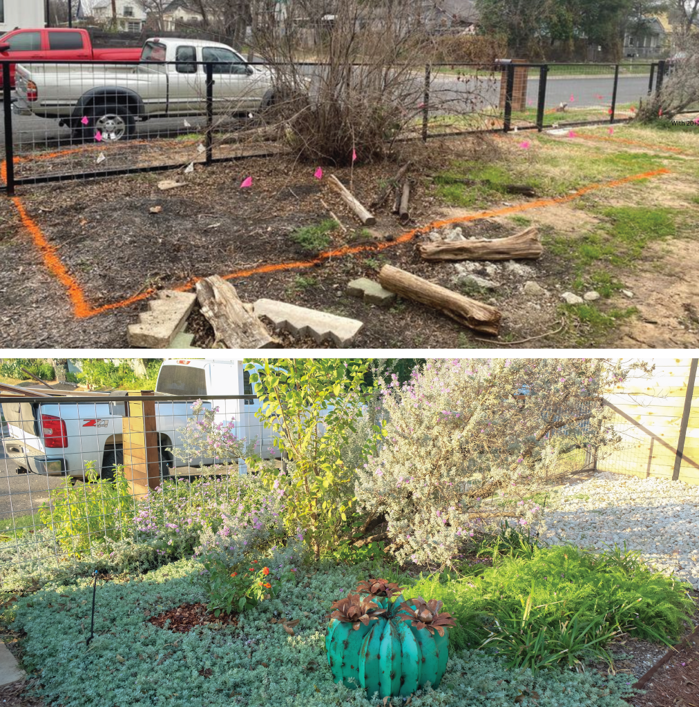 Top to bottom: “Before” photo of Colleen’s client’s front yard; “After” photo of Colleen’s client’s front yard.