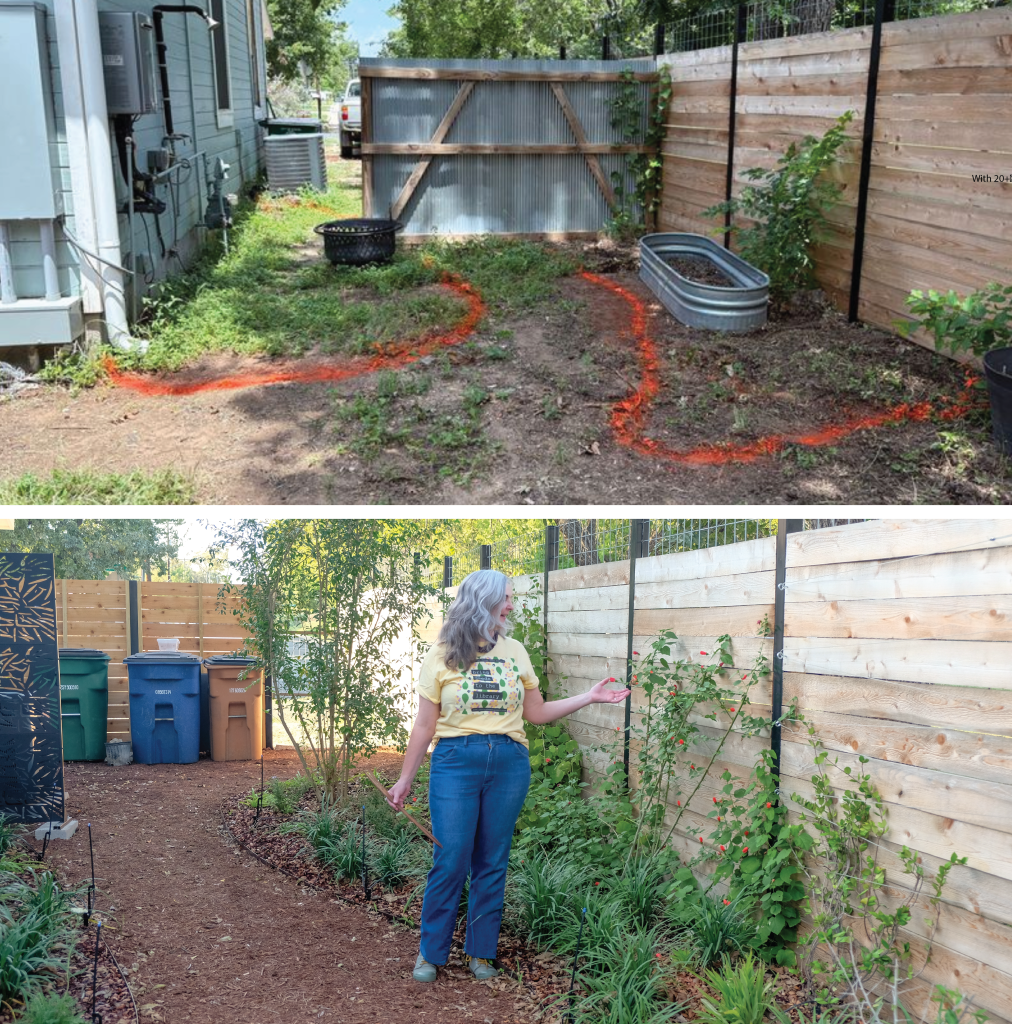 Top to bottom: “Before” photo of Colleen’s client’s empty side yard; Colleen stands in the new side yard, showing off the new plants.