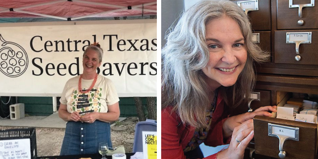 Left to right: Colleen at a Central Texas Seed Savers tabling event; Colleen smiles with Austin Public Library’s seed collection that she started.