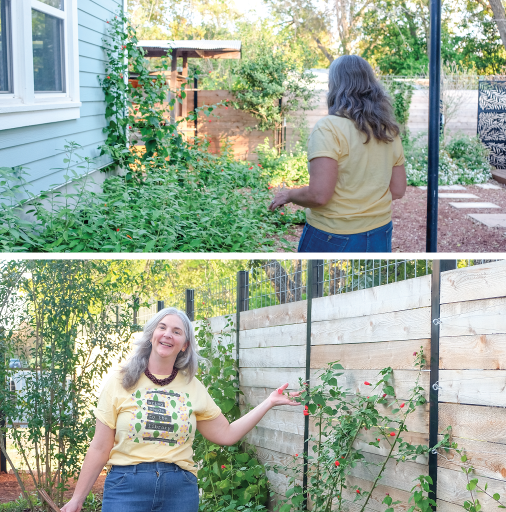 Top to bottom: Colleen walking in her client’s side yard; Colleen pointing out one of the flowers in the side garden.