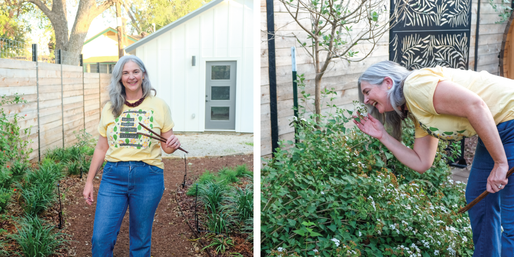 Left to right: Colleen smiles, holding seeds she picked from the front yard; Colleen stops to smell the flowers.