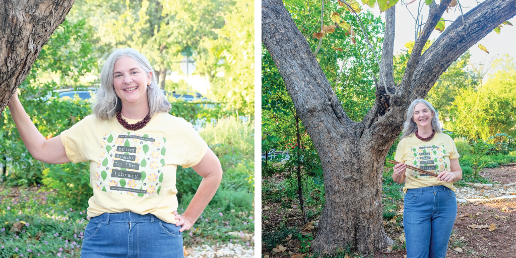 Left to right: Colleen leans on the catalpa tree in the front yard; Colleen stands in front of the tree, holding catalpa seed pods.