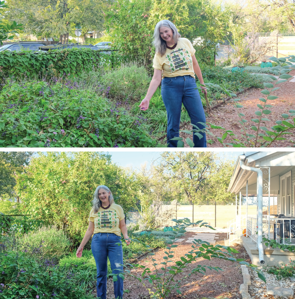 Top to bottom: Colleen stands, smiling, in her client’s front yard that she designed; Colleen points out the different types of plants in the yard.