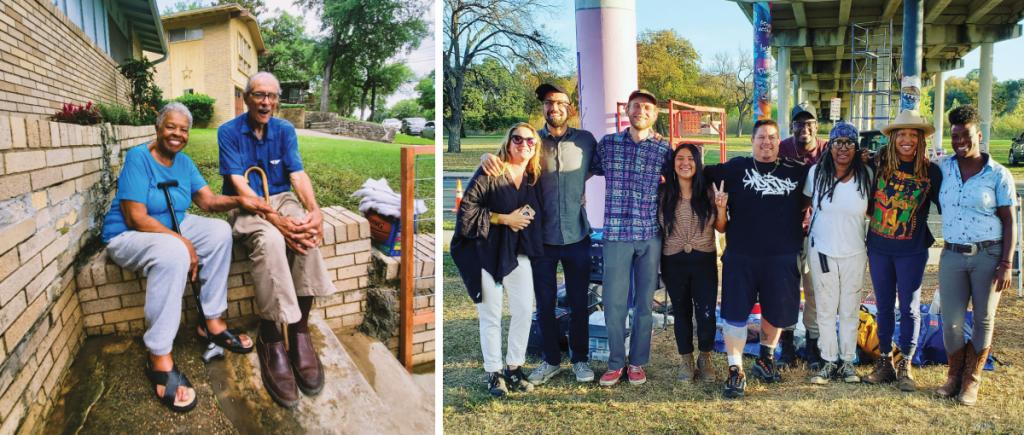 Two photos. On the left: An elderly couple sitting outside their home. On the right: A group of people underneath an overpass with brightly painted support columns.