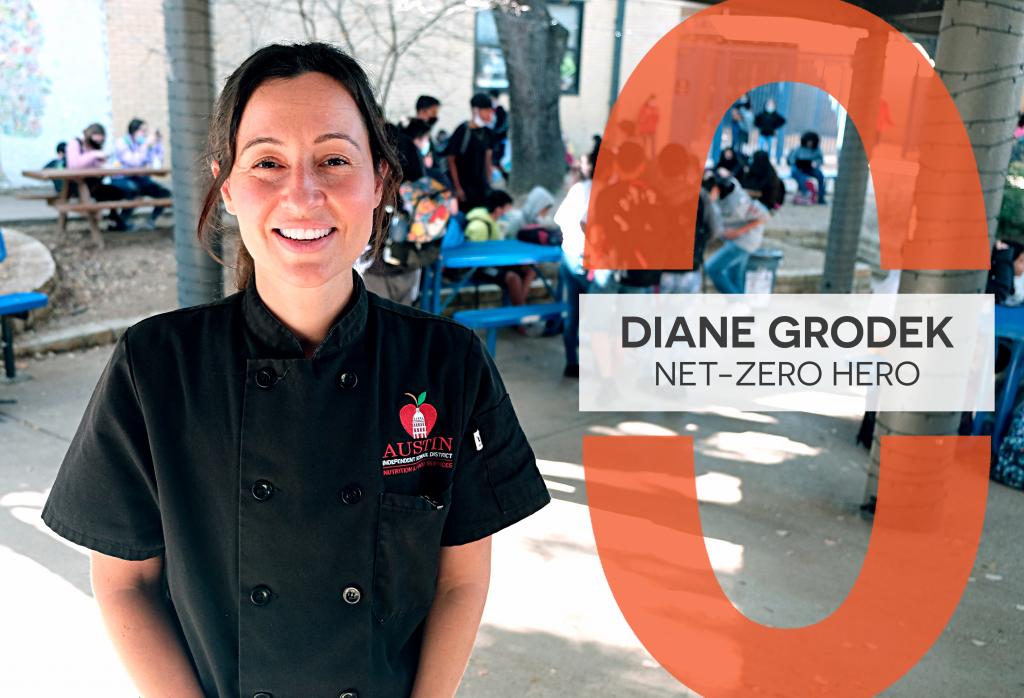 A photo of Diane Grodek standing outside smiling. Behind her, students at Lively Middle School are enjoying their lunch break. A graphic on it reads, "Diane Grodek: Net-Zero Hero".