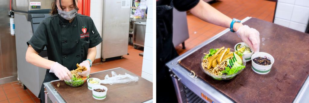 Two photos. On the left: Diane prepares a lunchtime salad in the Lively Middle School kitchen. On the right: A closeup photo of lunch offerings being shown by Diane, including a salad, roasted zucchini, and a blueberry cobbler.