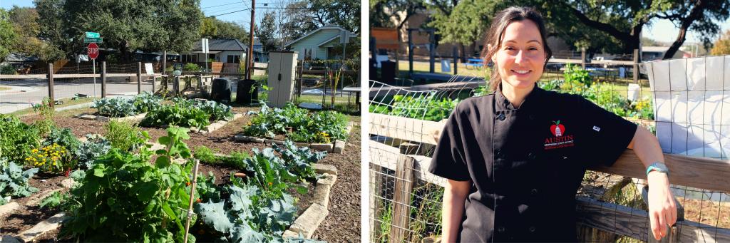Two photos. On the left: a photo of vegetables growing in the school garden at Lively Middle School. On the right: Diane stands outside the garden smiling.