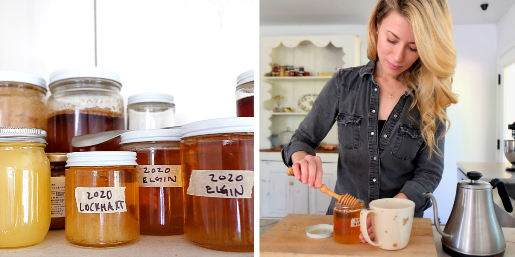 Left: Jars of honey labeled with dates and towns on a shelf in Erika's home. Right: Erika dips a honey wand into one of her honey jars.