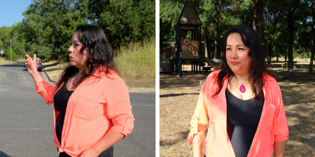 Photos of Frances in Williamson Creek Greenbelt. On the left, she points in the distance. On the right, she stands in front of a playscape.