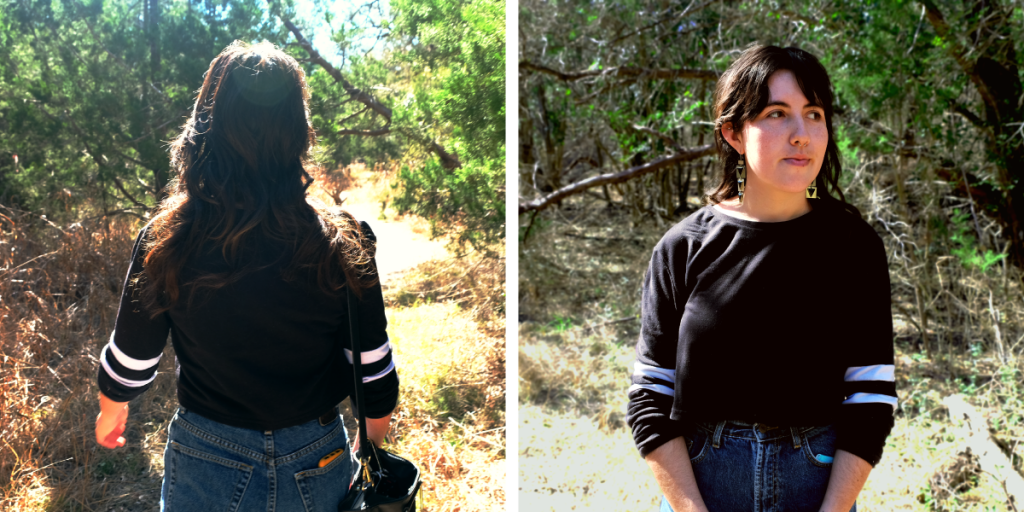 Two photos of Gaby on a trail in Mary Moore Searight Metropolitan Park.