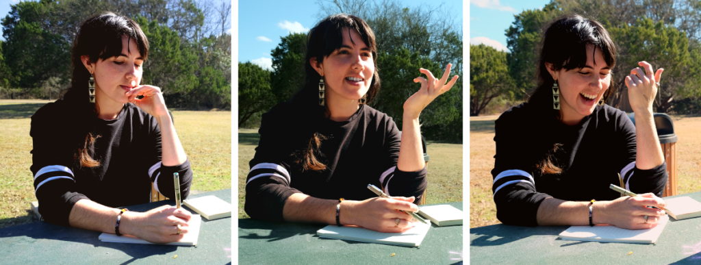Three photos of Gaby writing in her notebook outside.