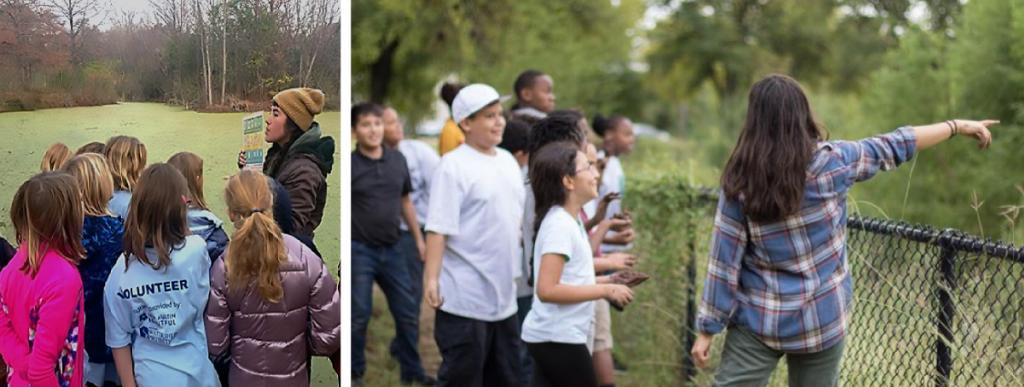 Two photos of Gaby teaching groups of students outside.