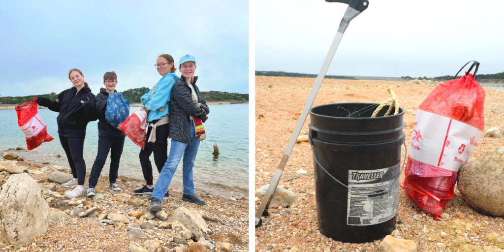 Two photos. Left: Troop members show off the trash they've collected. Right: A full bucket and bag of trash collected by Troop 40348.