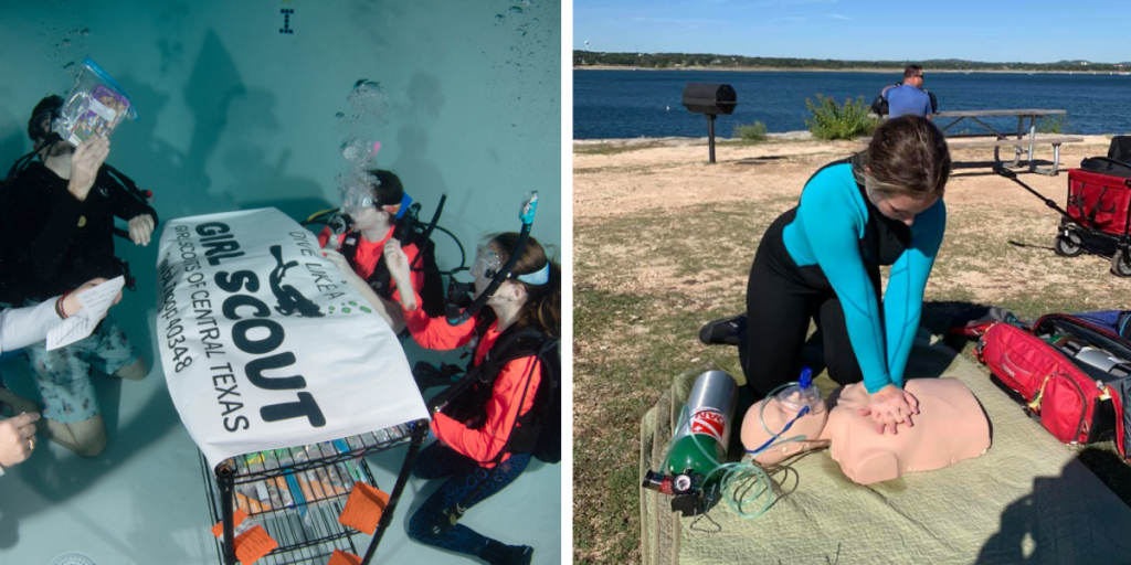Two photos. Left: customers dive to place their orders and float their cookie boxes from the scouts’ underwater sale. Right: Summer completes a dive safety training.