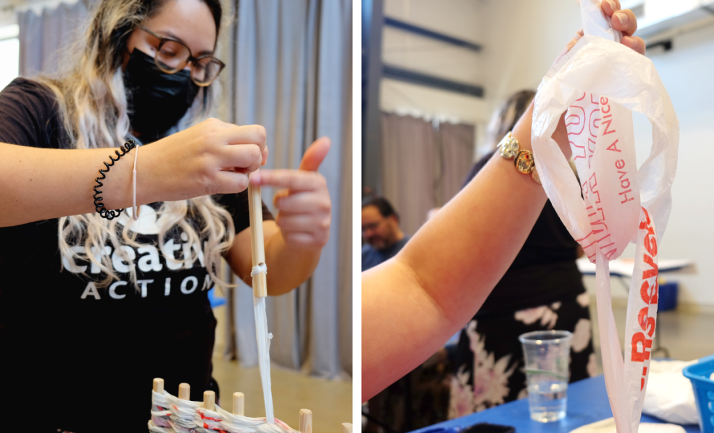 eft: Kiana demonstrates how to finish a row on the loom by pulling plarn up and over her finger. Right: A close up of a hand pulling plastic bags together into plarn.