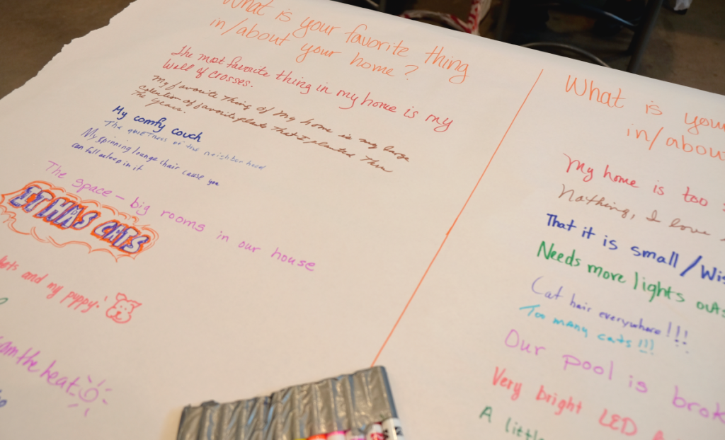 A paper with the question: What is your favorite thing in/about your home? Various answers are written in colored markers on the paper.