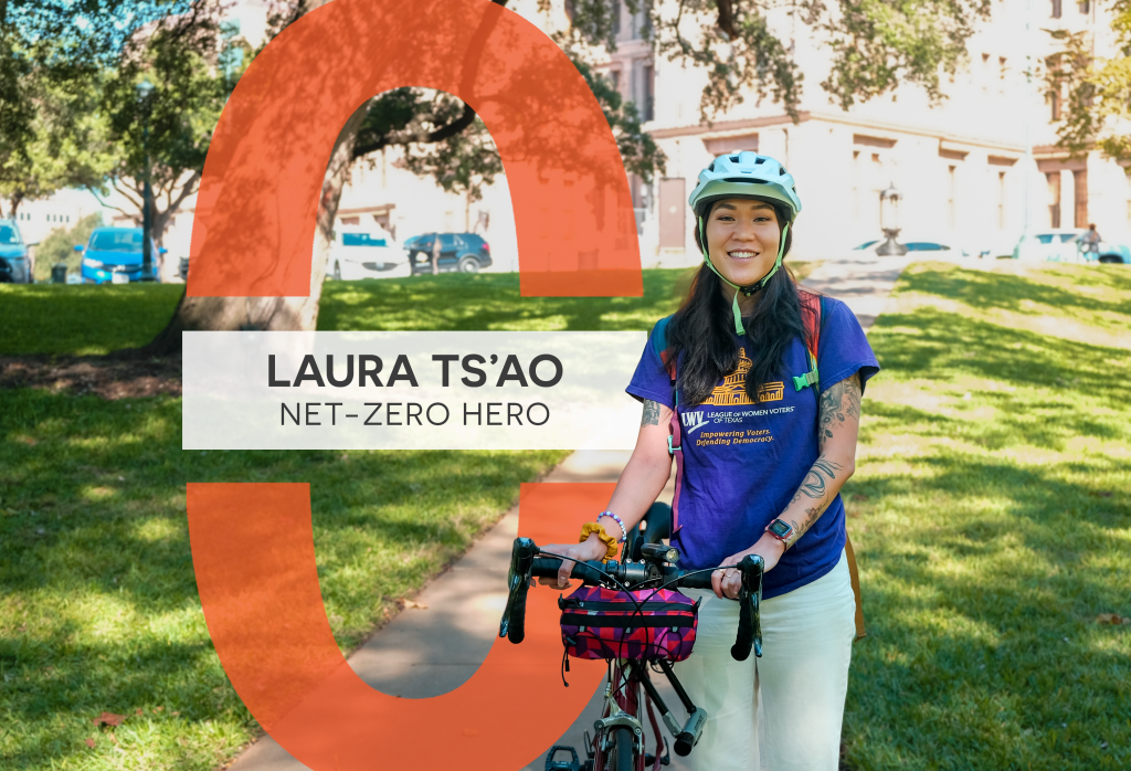 Laura Ts'ao smiles while wearing a helmet and holding the handles of her bicycle. Text reads, "Laura Ts'ao: Net-Zero Hero."
