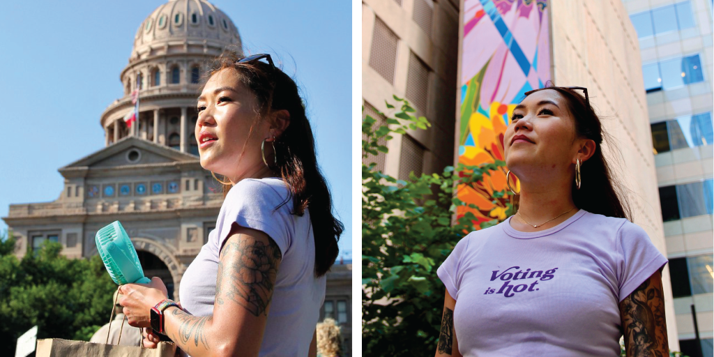Left to right: Laura stands in front of the State of Texas Capitol building; Laura poses in downtown Austin. Photo credit: Russ Lockwood.