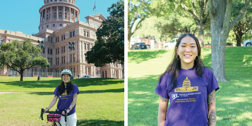 Left to right: Laura stands with her bike in front of the Capitol building; Laura smiles on the front lawn of the Capitol.