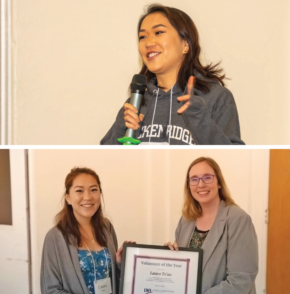 Top to bottom: Laura speaks at the LWVAA’s New Year Brunch; Laura accepts "Volunteer of the Year” award from the League of Women Voters. Photo credit: Hal Jennings.