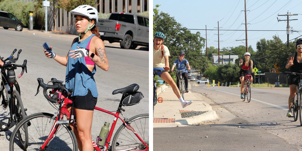Left to right: Laura talks about a mural on the PPA Mural Art bike ride; Laura and fellow Austinites ride their bikes during a PPA Bike event. Photo credit: Russ Lockwood.