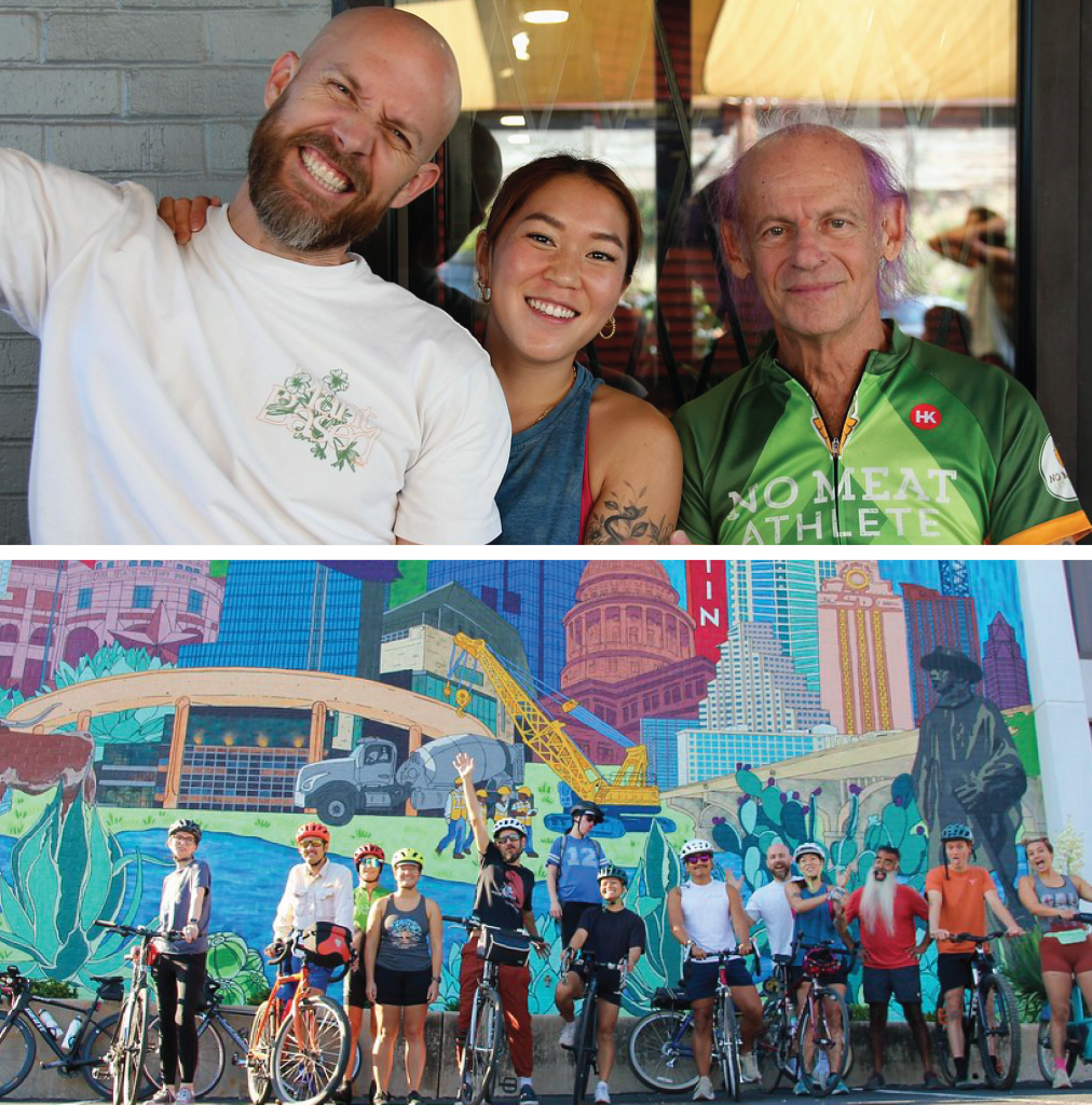 Top to bottom: Co-organizers of the PPA bike rides, Russ, Laura, and Philip smile for a photo;  Laura and fellow PPA cyclists pose with their bikes. Photo credit: Russ Lockwood and Jeff Guerrero.