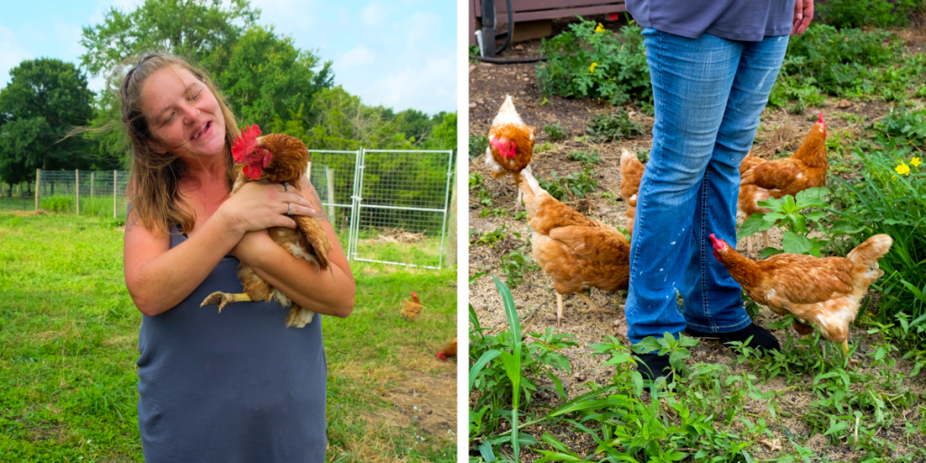 Left: Leatha smiles holding a chicken; Right: Chickens gather at Leatha's feet.